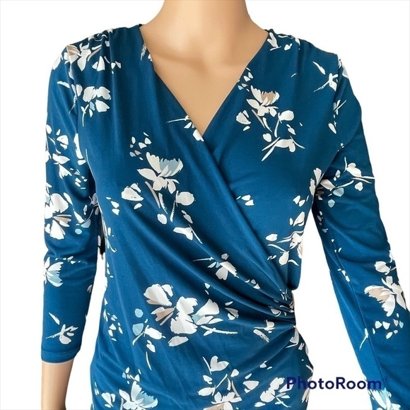CHARTER CLUB ,Floral Teal and White , Side Cinch Top 3/4 Sleeve, Stretch … - Picture 3 of 5